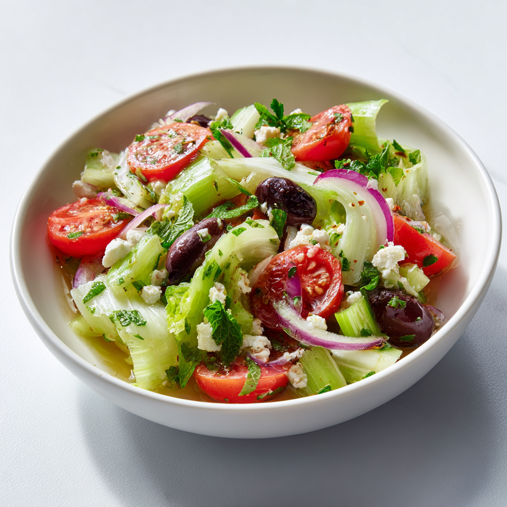 Ultra-realistic celery salad with sliced celery, cherry tomato halves, kalamata olives, crumbled feta cheese, red onion slices, chopped parsley and basil, lightly dressed and served in a white bowl