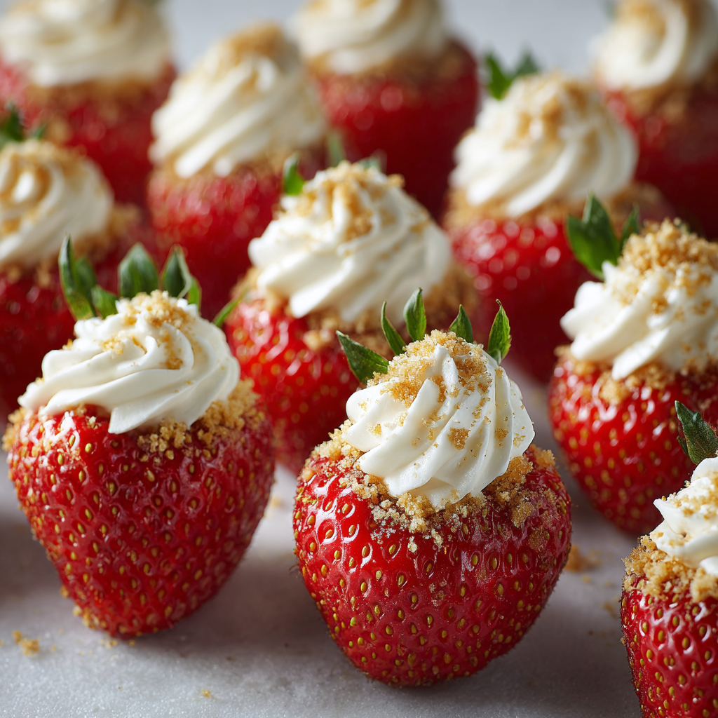 Halved strawberries filled with piped cream cheese mixture and topped with graham cracker crumbs, arranged in rows on a neutral surface under soft studio lighting