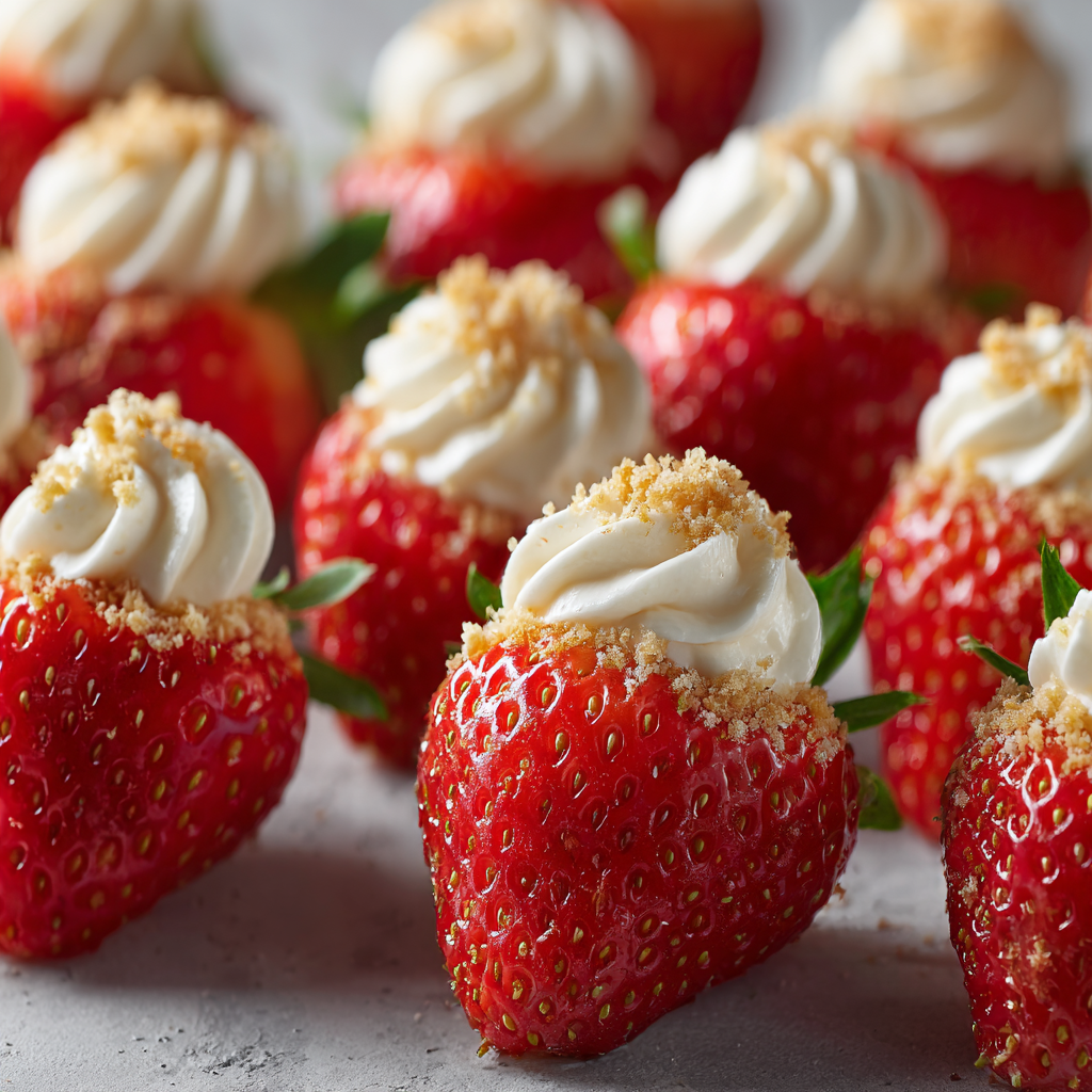 Halved strawberries filled with piped cream cheese mixture and topped with graham cracker crumbs, arranged in rows on a neutral surface under soft studio lighting