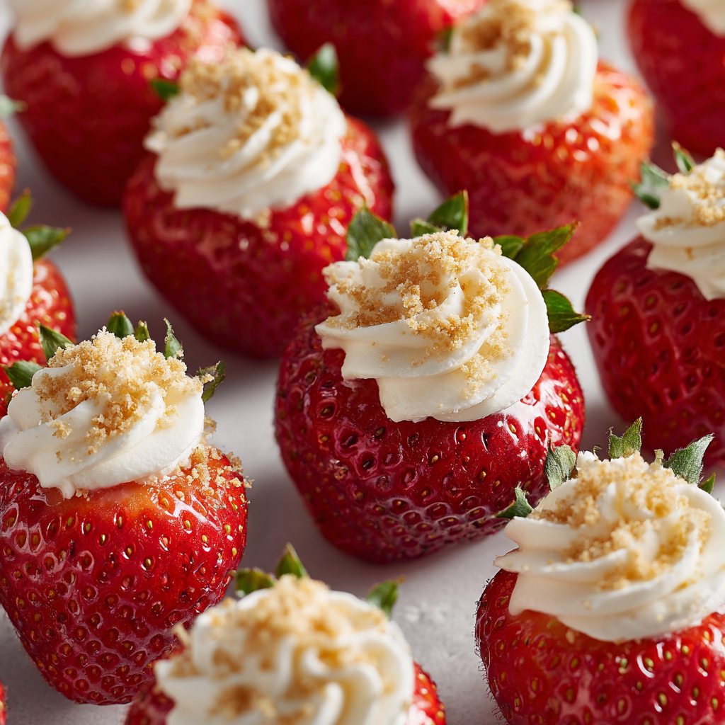 Halved strawberries filled with piped cream cheese mixture and topped with graham cracker crumbs, arranged in rows on a neutral surface under soft studio lighting