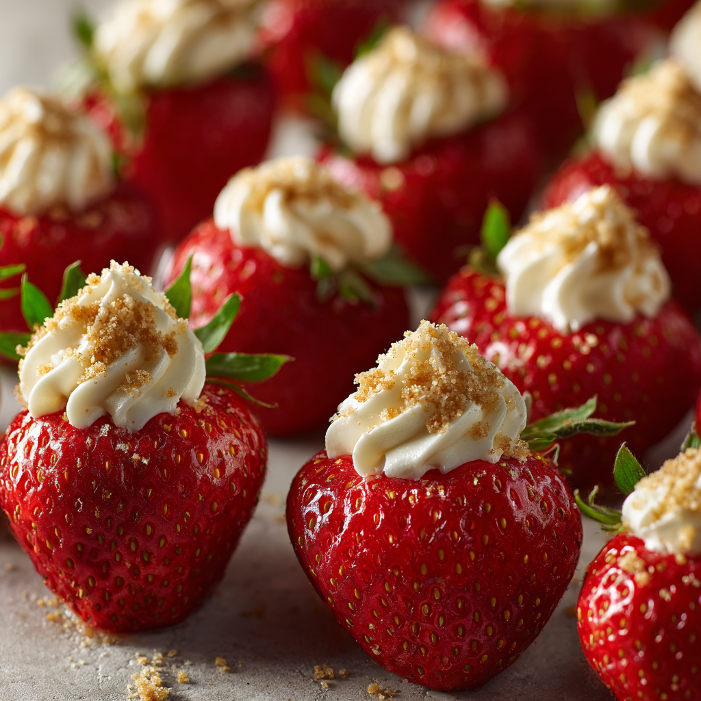 Halved strawberries filled with piped cream cheese mixture and topped with graham cracker crumbs, arranged in rows on a neutral surface under soft studio lighting