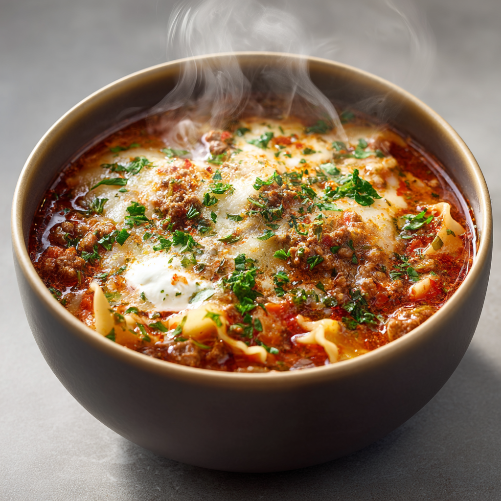 Ultra-realistic lasagna soup with tomato broth, ground beef, broken lasagna noodles, ricotta, and melted cheese in a ceramic bowl, studio lighting, neutral background