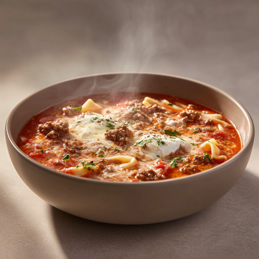 Ultra-realistic lasagna soup with tomato broth, ground beef, broken lasagna noodles, ricotta, and melted cheese in a ceramic bowl, studio lighting, neutral background