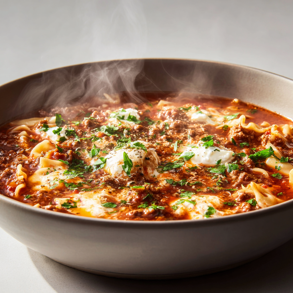 Ultra-realistic lasagna soup with tomato broth, ground beef, broken lasagna noodles, ricotta, and melted cheese in a ceramic bowl, studio lighting, neutral background
