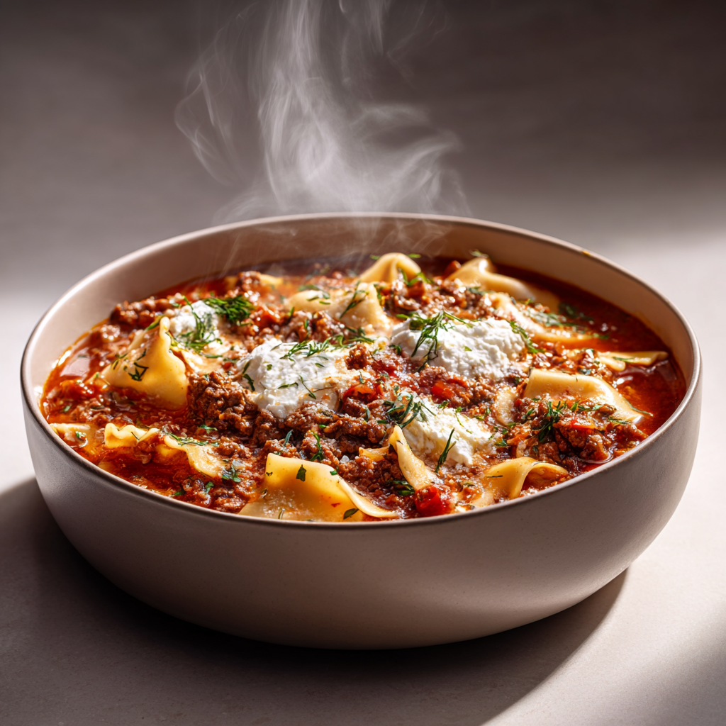 Ultra-realistic lasagna soup with tomato broth, ground beef, broken lasagna noodles, ricotta, and melted cheese in a ceramic bowl, studio lighting, neutral background