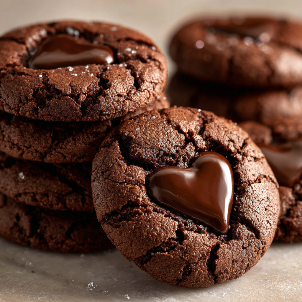 Ultra-realistic chocolate ganache cookies with cracked surfaces and glossy chocolate centers on a neutral background, studio lighting, close-up view