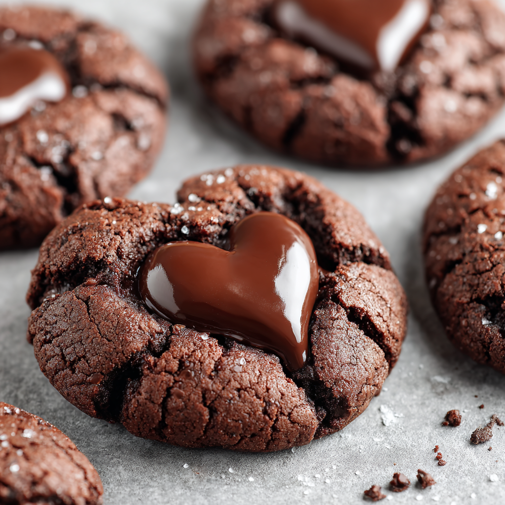 Ultra-realistic chocolate ganache cookies with cracked surfaces and glossy chocolate centers on a neutral background, studio lighting, close-up view