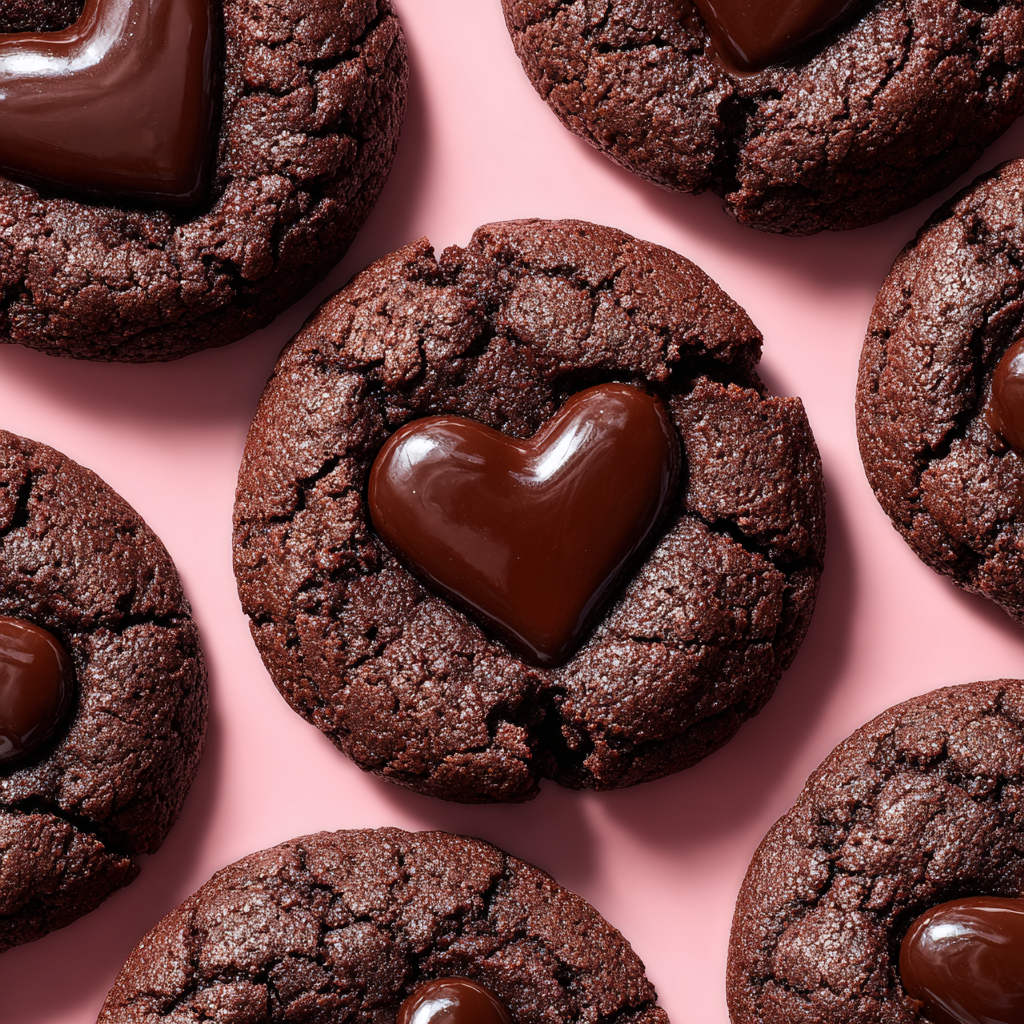 Ultra-realistic chocolate ganache cookies with cracked surfaces and glossy chocolate centers on a neutral background, studio lighting, close-up view