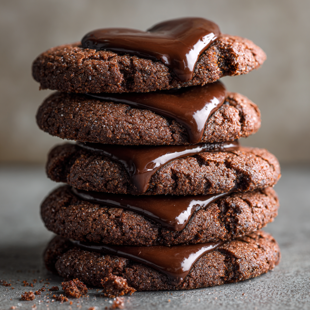 Ultra-realistic chocolate ganache cookies with cracked surfaces and glossy chocolate centers on a neutral background, studio lighting, close-up view