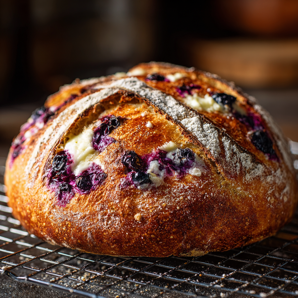 Ultra-realistic round sourdough bread loaf with golden crust, baked blueberries embedded in the surface, visible melted cream cheese pockets, natural scoring on top, resting on a cooling rack under soft lighting