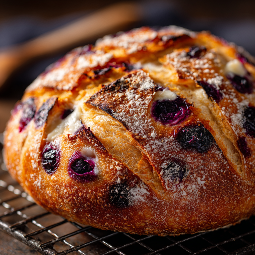 Ultra-realistic round sourdough bread loaf with golden crust, baked blueberries embedded in the surface, visible melted cream cheese pockets, natural scoring on top, resting on a cooling rack under soft lighting