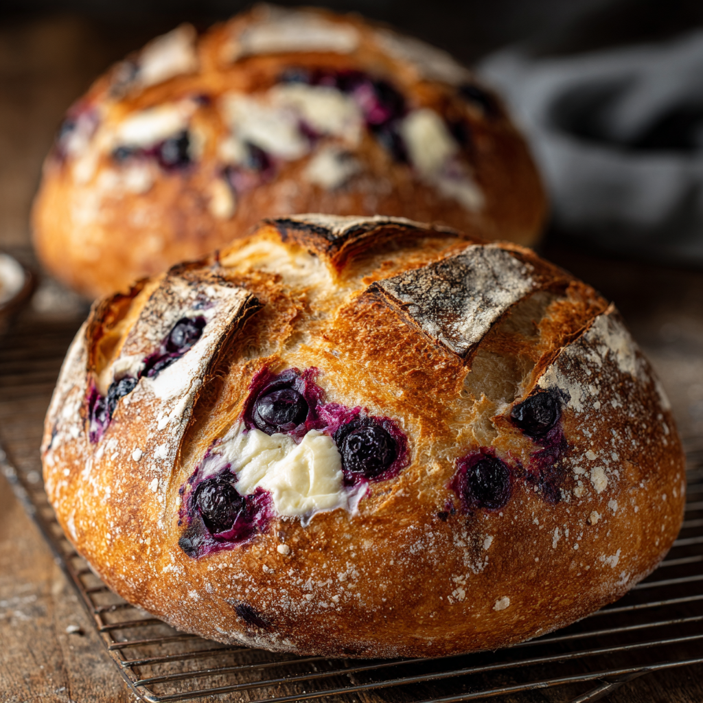 Ultra-realistic round sourdough bread loaf with golden crust, baked blueberries embedded in the surface, visible melted cream cheese pockets, natural scoring on top, resting on a cooling rack under soft lighting