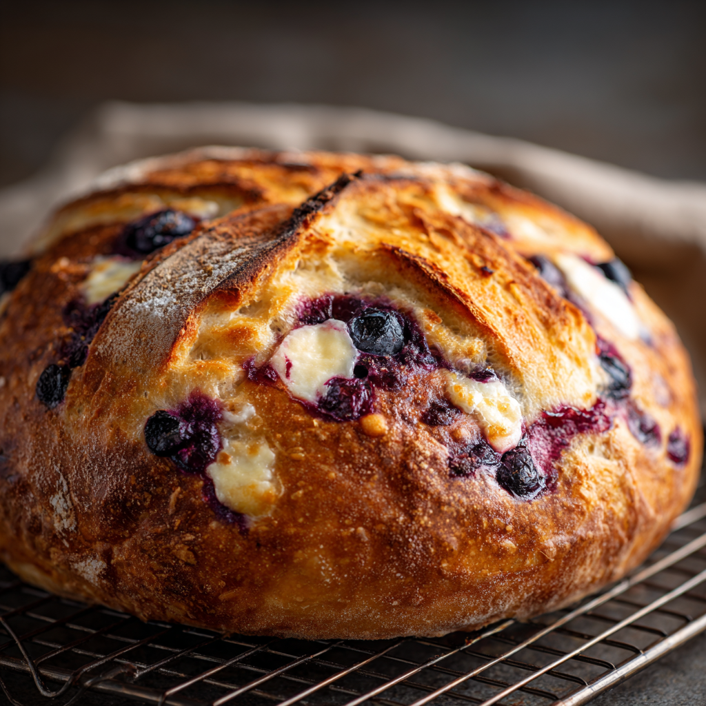 Ultra-realistic round sourdough bread loaf with golden crust, baked blueberries embedded in the surface, visible melted cream cheese pockets, natural scoring on top, resting on a cooling rack under soft lighting