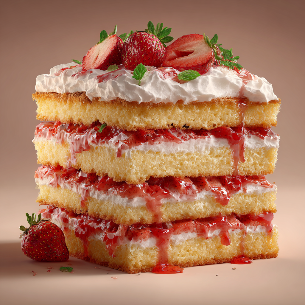 Ultra-realistic layered vanilla sponge cake with whipped cream and fresh chopped strawberries, exposed cake layers with visible crumb texture, strawberry juices blending into cream, neutral background, studio lighting