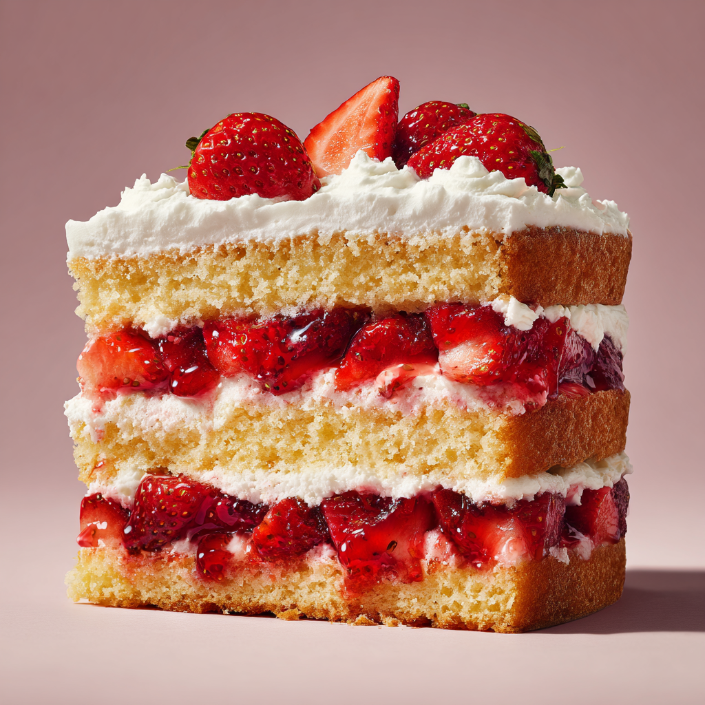 Ultra-realistic layered vanilla sponge cake with whipped cream and fresh chopped strawberries, exposed cake layers with visible crumb texture, strawberry juices blending into cream, neutral background, studio lighting