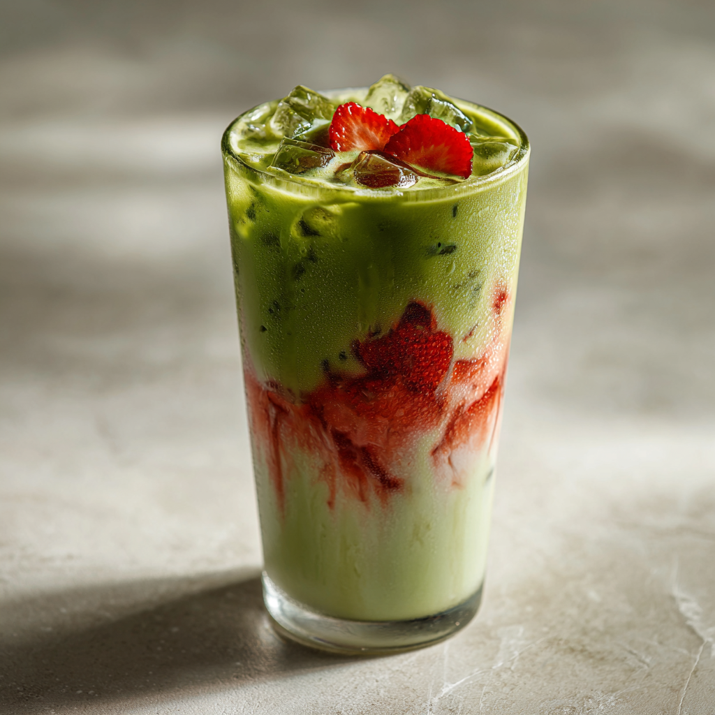 Ultra-realistic iced strawberry matcha latte with layered green matcha, red strawberry puree, and milk in a clear glass with ice cubes, light stone background, studio lighting