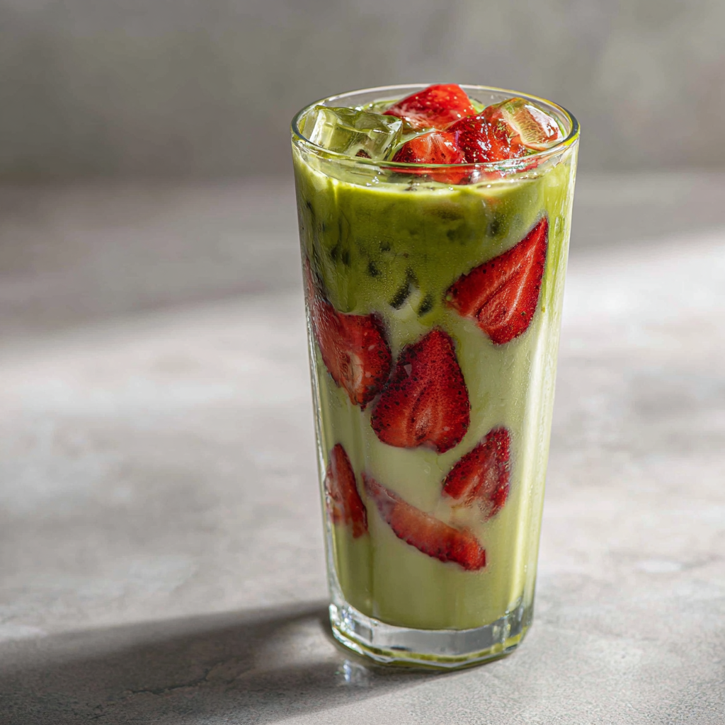 Ultra-realistic iced strawberry matcha latte with layered green matcha, red strawberry puree, and milk in a clear glass with ice cubes, light stone background, studio lighting