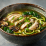 Ultra-realistic keto ramen soup with chicken broth, zucchini noodles, sliced chicken, mushrooms, spinach, and green onions in a ceramic bowl on a neutral background