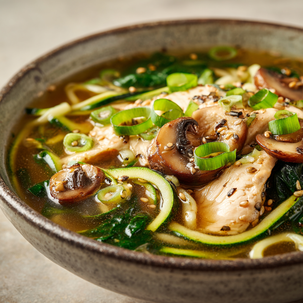 Ultra-realistic keto ramen soup with chicken broth, zucchini noodles, sliced chicken, mushrooms, spinach, and green onions in a ceramic bowl on a neutral background