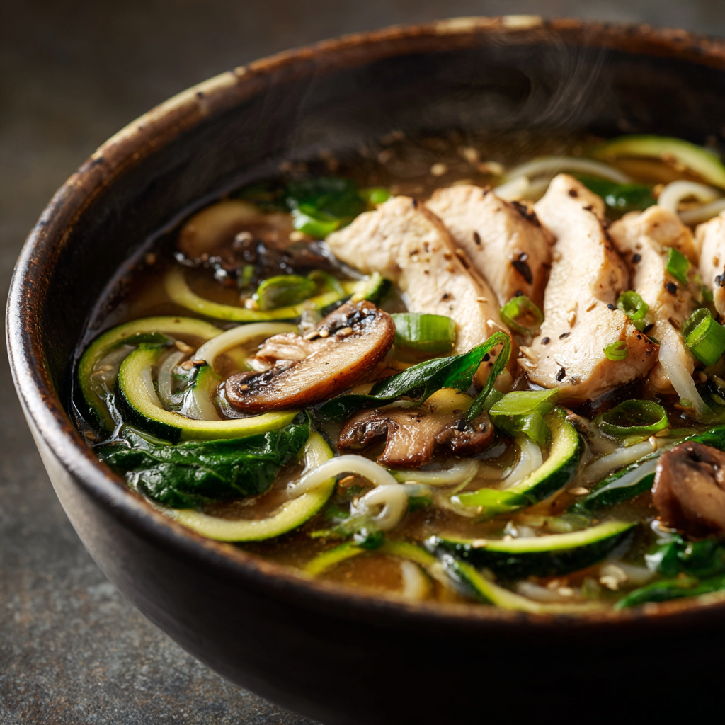 Ultra-realistic keto ramen soup with chicken broth, zucchini noodles, sliced chicken, mushrooms, spinach, and green onions in a ceramic bowl on a neutral background
