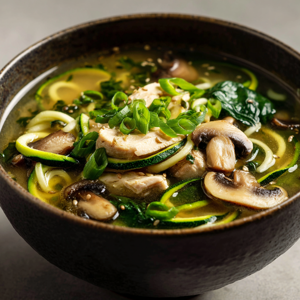 Ultra-realistic keto ramen soup with chicken broth, zucchini noodles, sliced chicken, mushrooms, spinach, and green onions in a ceramic bowl on a neutral background