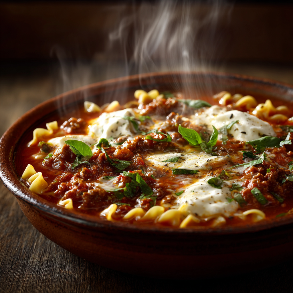 Ultra-realistic lasagna soup in a ceramic bowl with tomato broth, broken lasagna noodles, ground beef, melted mozzarella, ricotta dollops, and basil leaves on a neutral background