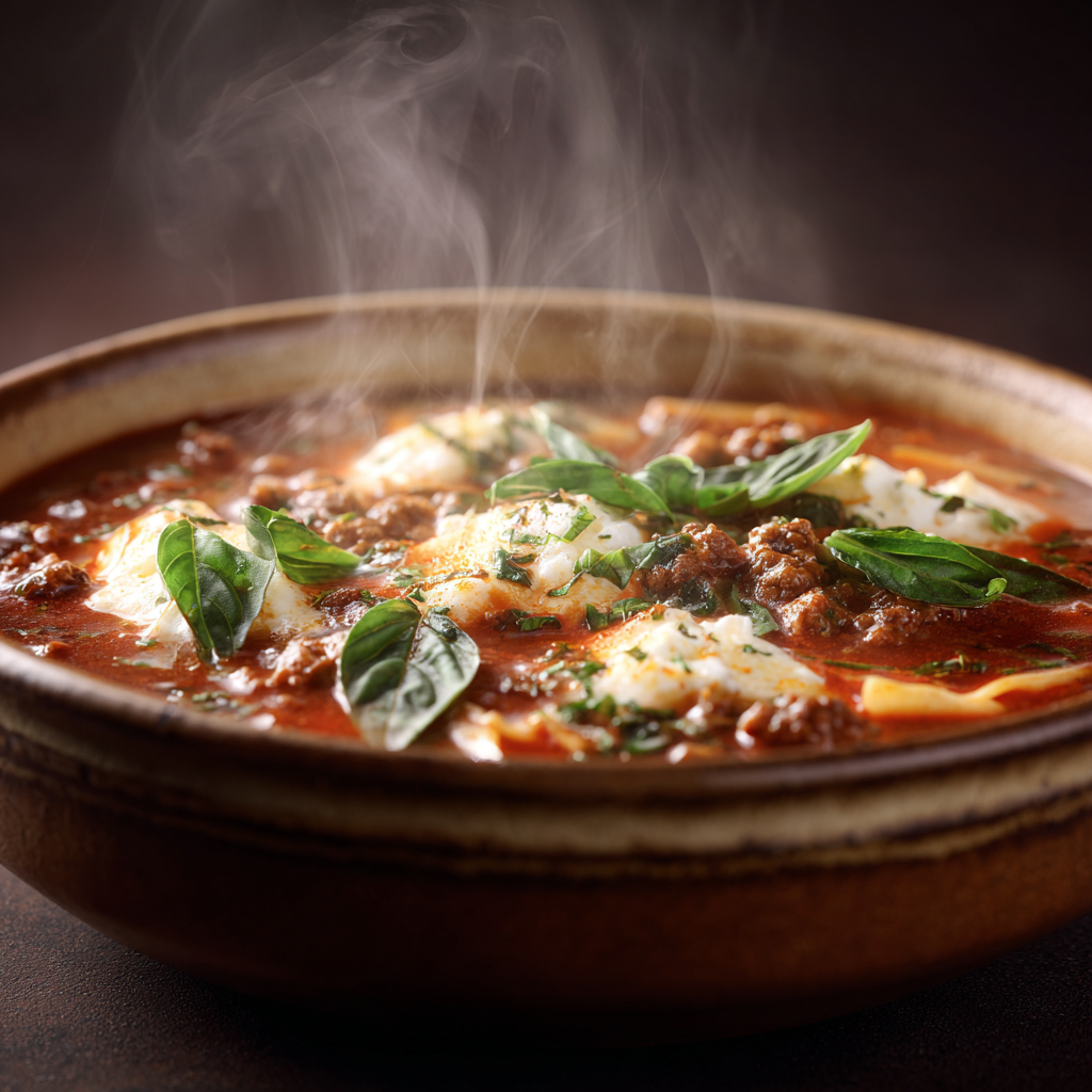 Ultra-realistic lasagna soup in a ceramic bowl with tomato broth, broken lasagna noodles, ground beef, melted mozzarella, ricotta dollops, and basil leaves on a neutral background