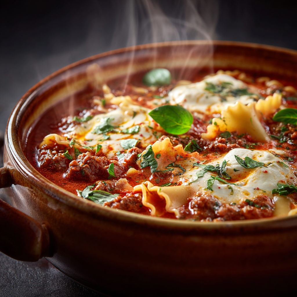 Ultra-realistic lasagna soup in a ceramic bowl with tomato broth, broken lasagna noodles, ground beef, melted mozzarella, ricotta dollops, and basil leaves on a neutral background