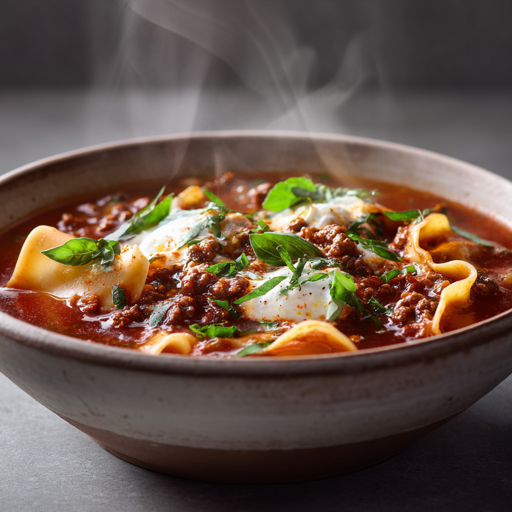 Ultra-realistic lasagna soup in a ceramic bowl with tomato broth, broken lasagna noodles, ground beef, melted mozzarella, ricotta dollops, and basil leaves on a neutral background