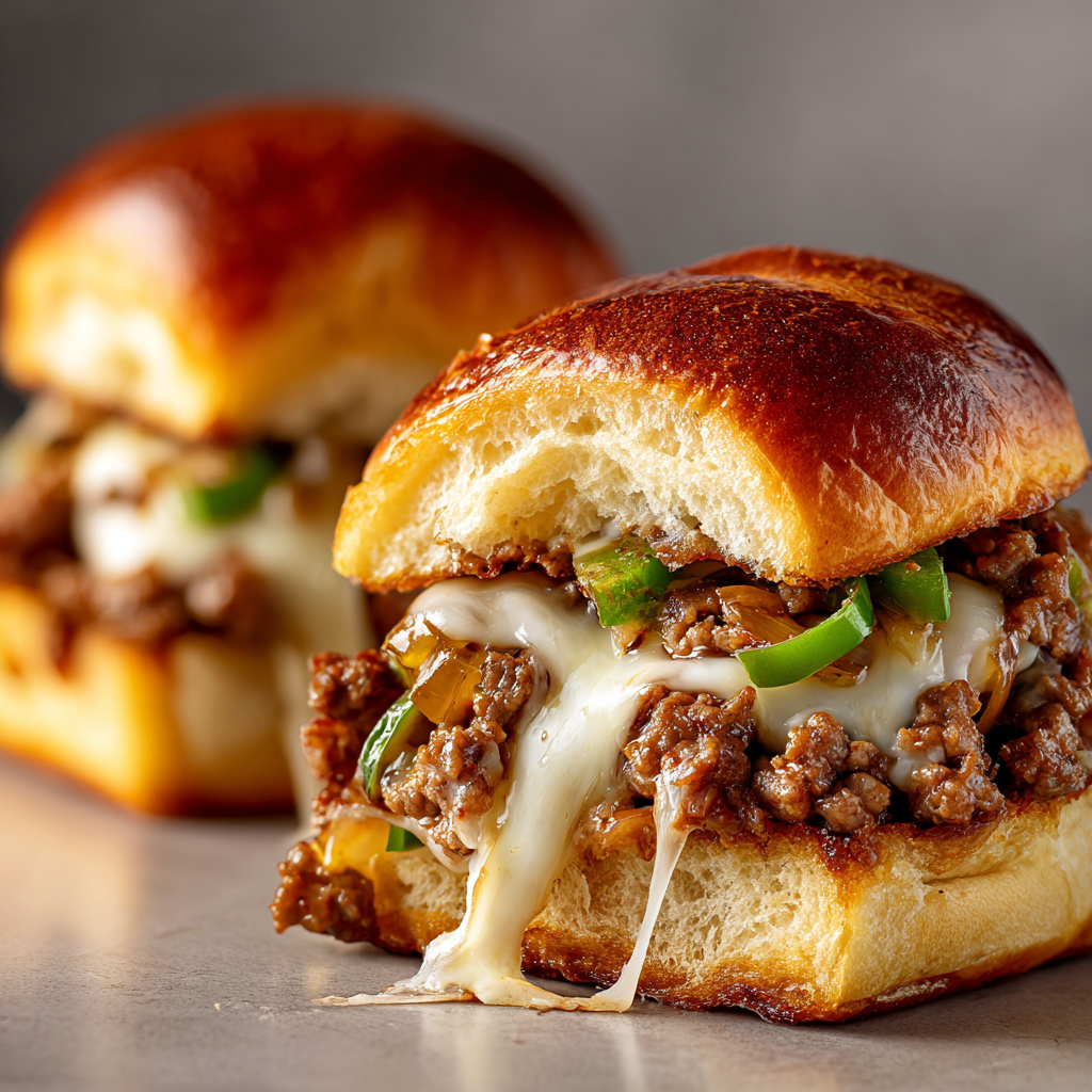 Ultra-realistic Philly cheesesteak sliders with ground beef, melted cheese, and green peppers inside golden brown buns on a seamless neutral background