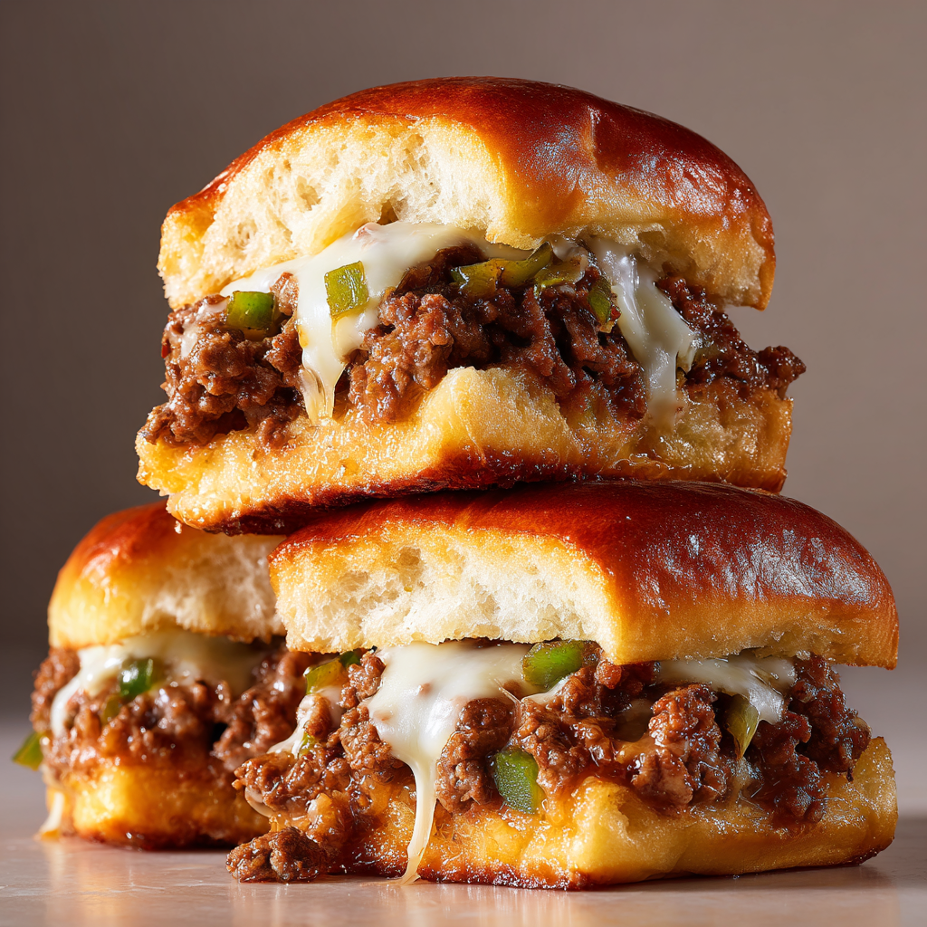 Ultra-realistic Philly cheesesteak sliders with ground beef, melted cheese, and green peppers inside golden brown buns on a seamless neutral background