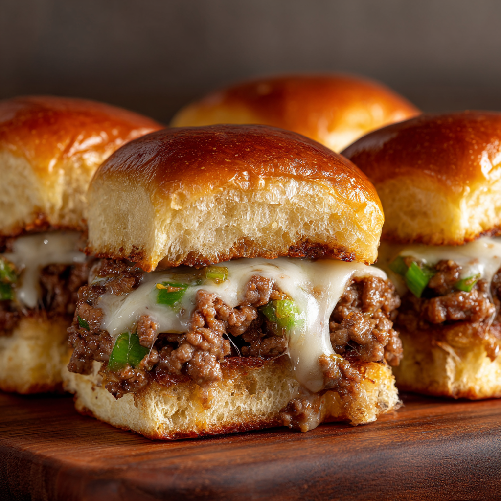Ultra-realistic Philly cheesesteak sliders with ground beef, melted cheese, and green peppers inside golden brown buns on a seamless neutral background