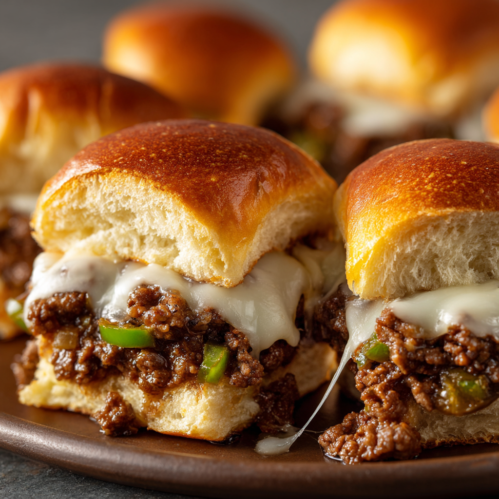 Ultra-realistic Philly cheesesteak sliders with ground beef, melted cheese, and green peppers inside golden brown buns on a seamless neutral background
