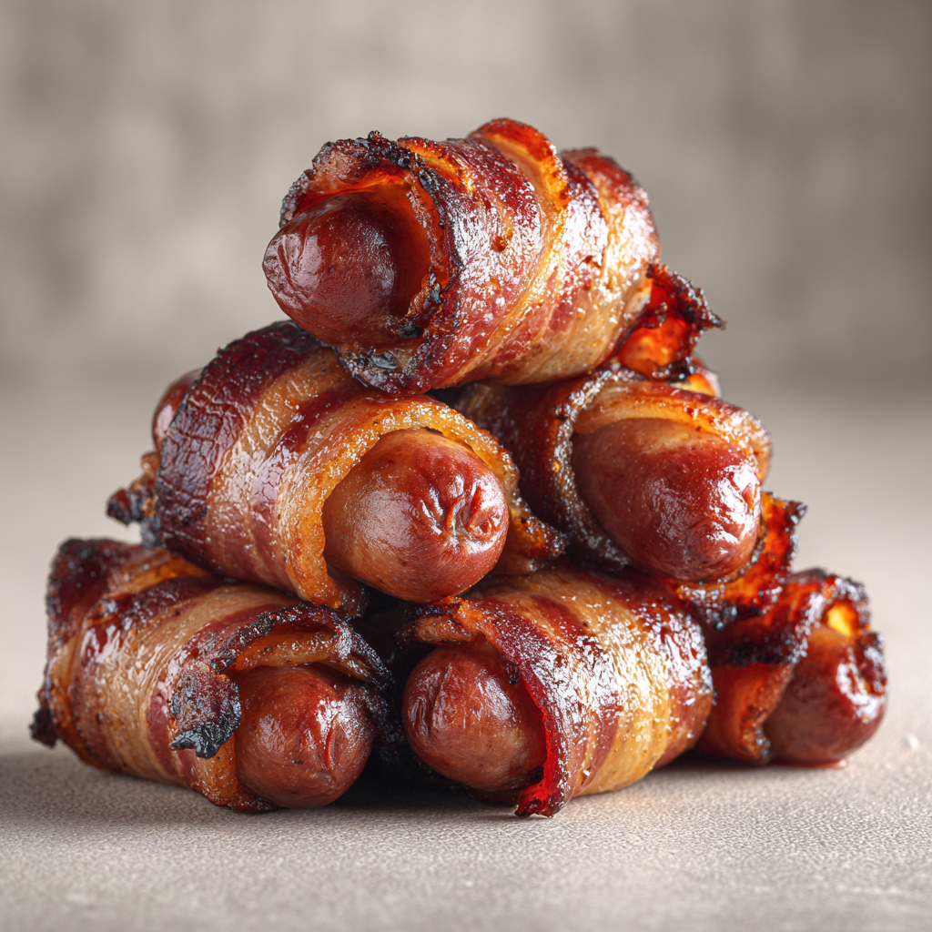 Ultra-realistic bacon wrapped little smokies with caramelized glaze and crisp bacon spirals on a seamless neutral background, studio lighting