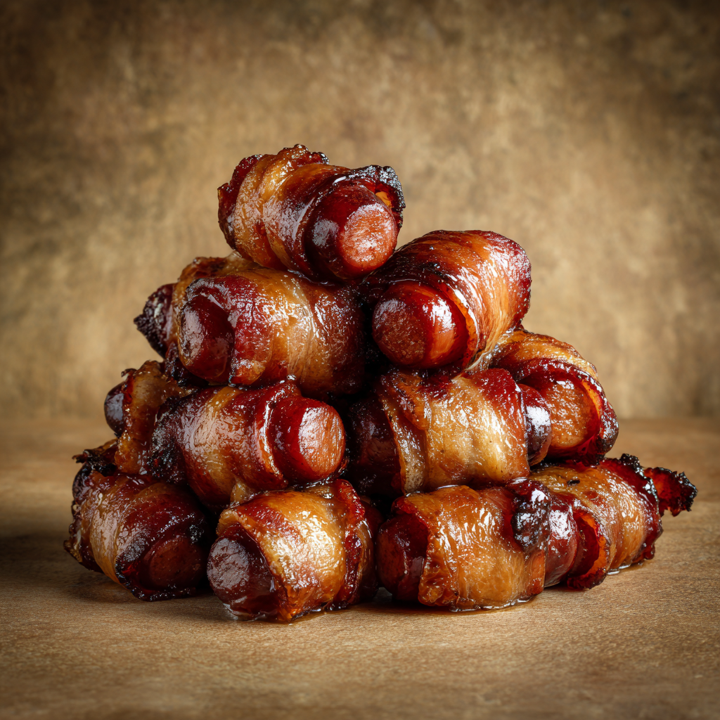 Ultra-realistic bacon wrapped little smokies with caramelized glaze and crisp bacon spirals on a seamless neutral background, studio lighting