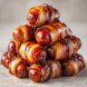 Ultra-realistic bacon wrapped little smokies with caramelized glaze and crisp bacon spirals on a seamless neutral background, studio lighting