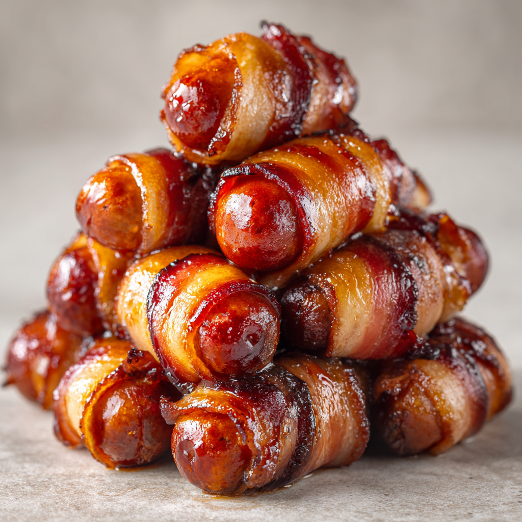 Ultra-realistic bacon wrapped little smokies with caramelized glaze and crisp bacon spirals on a seamless neutral background, studio lighting