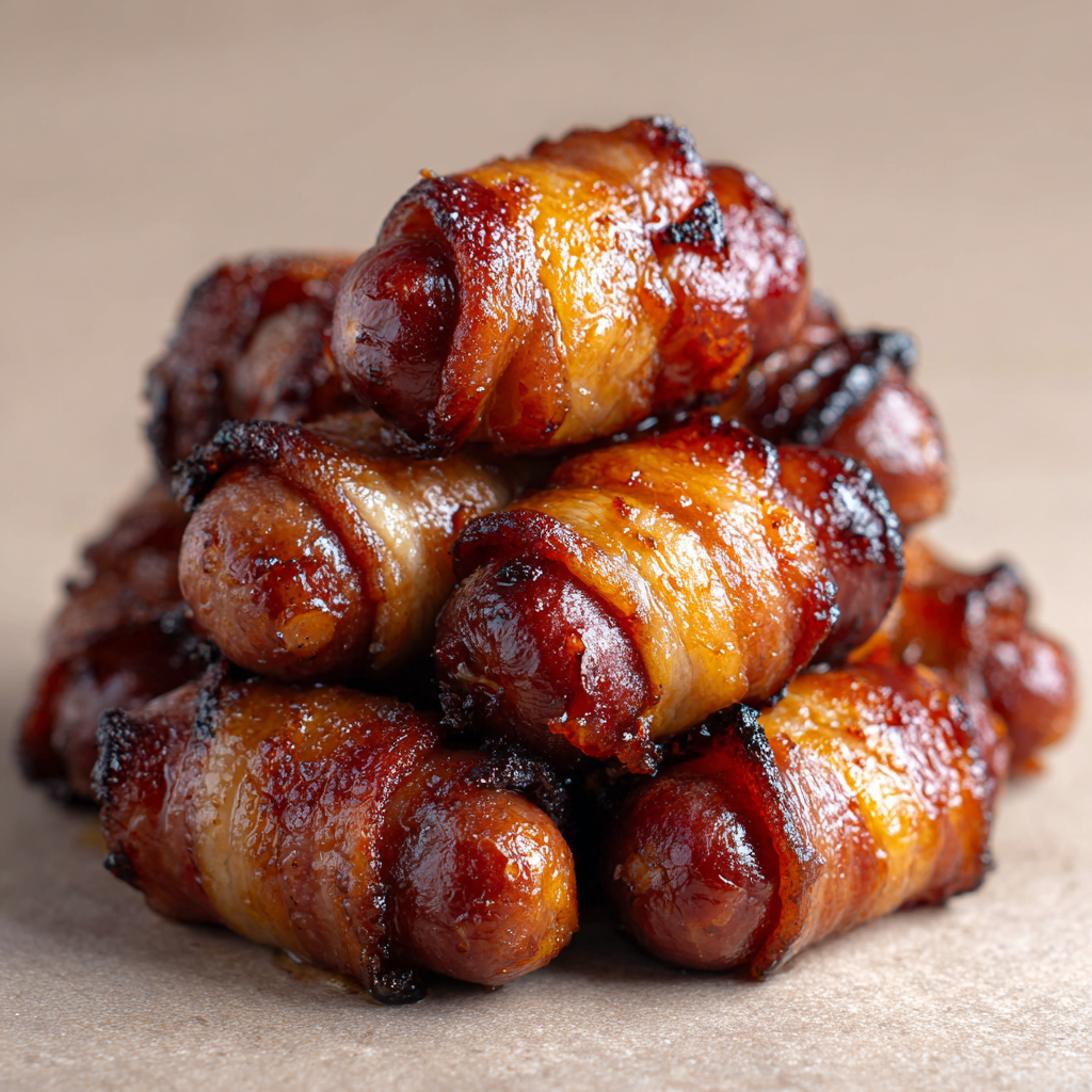 Ultra-realistic bacon wrapped little smokies with caramelized glaze and crisp bacon spirals on a seamless neutral background, studio lighting