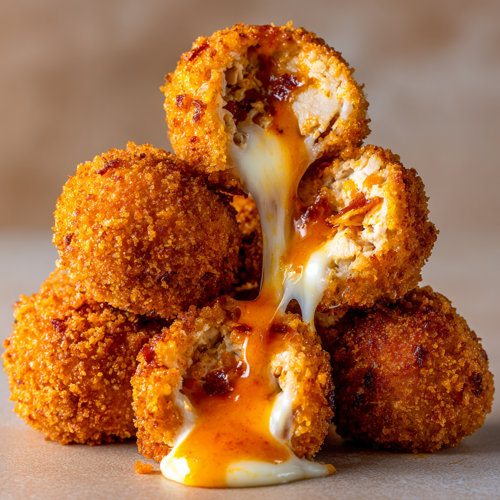 Ultra-realistic buffalo chicken bacon mozzarella bombs with crispy golden coating, melted mozzarella center, visible chicken and bacon filling, and buffalo sauce on a seamless neutral background