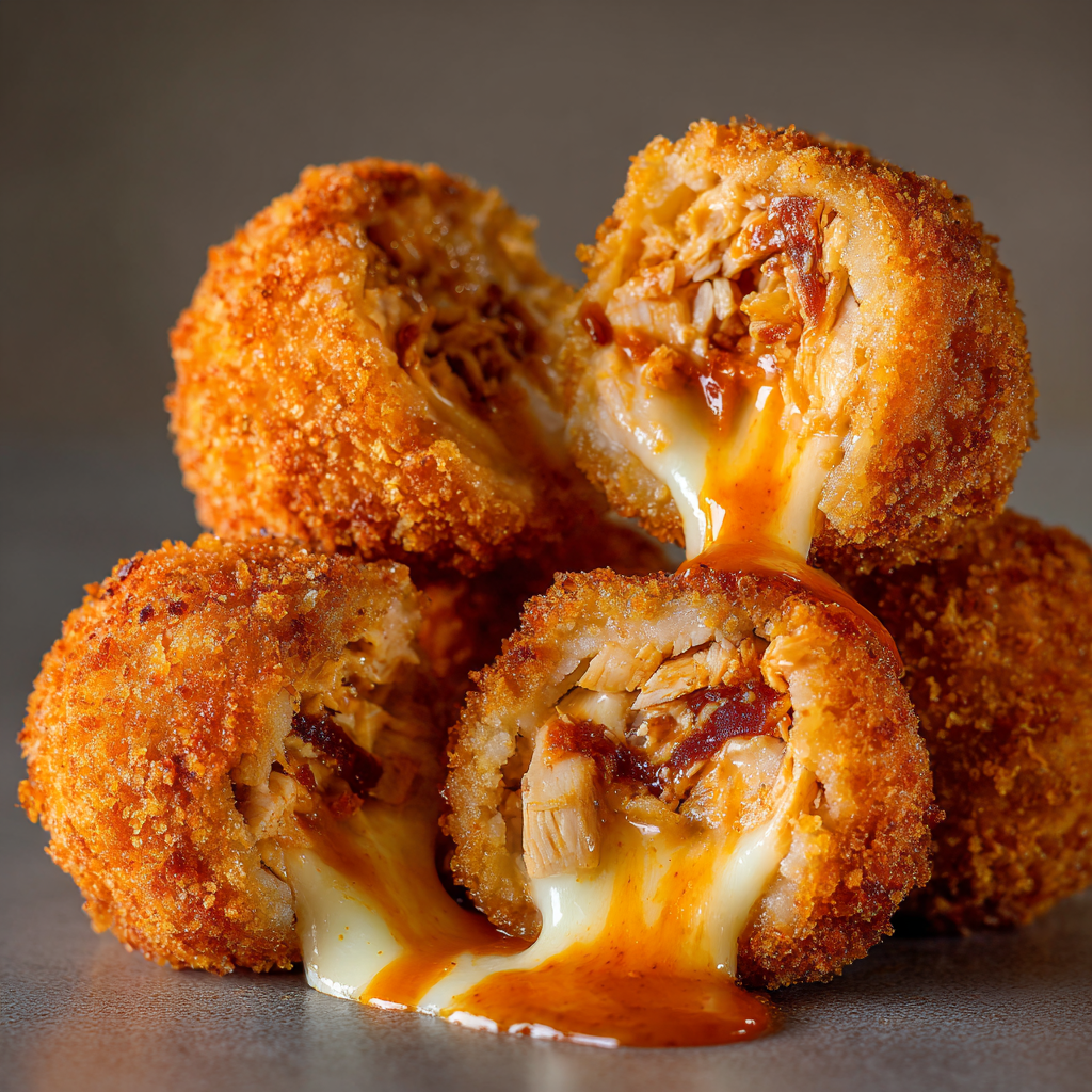 Ultra-realistic buffalo chicken bacon mozzarella bombs with crispy golden coating, melted mozzarella center, visible chicken and bacon filling, and buffalo sauce on a seamless neutral background