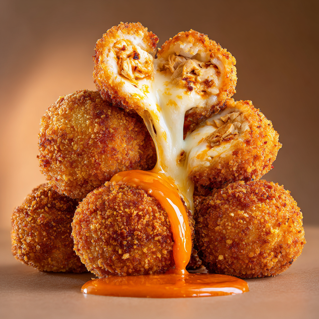 Ultra-realistic buffalo chicken bacon mozzarella bombs with crispy golden coating, melted mozzarella center, visible chicken and bacon filling, and buffalo sauce on a seamless neutral background