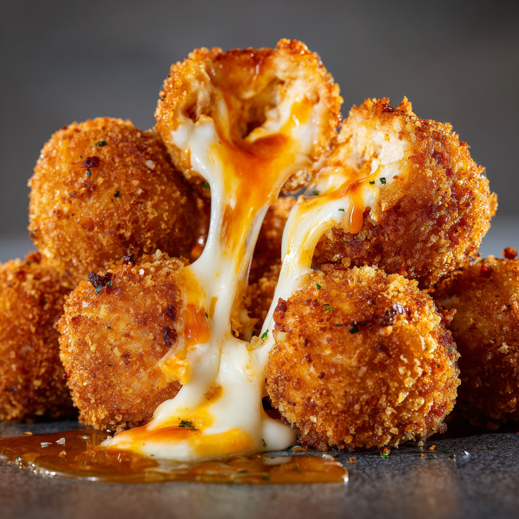 Ultra-realistic buffalo chicken bacon mozzarella bombs with crispy golden coating, melted mozzarella center, visible chicken and bacon filling, and buffalo sauce on a seamless neutral background
