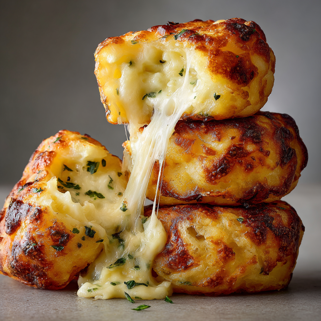 Ultra-realistic cheesy mashed potato puff bites with golden crispy exterior and melted cheese center on a seamless neutral background under studio lighting