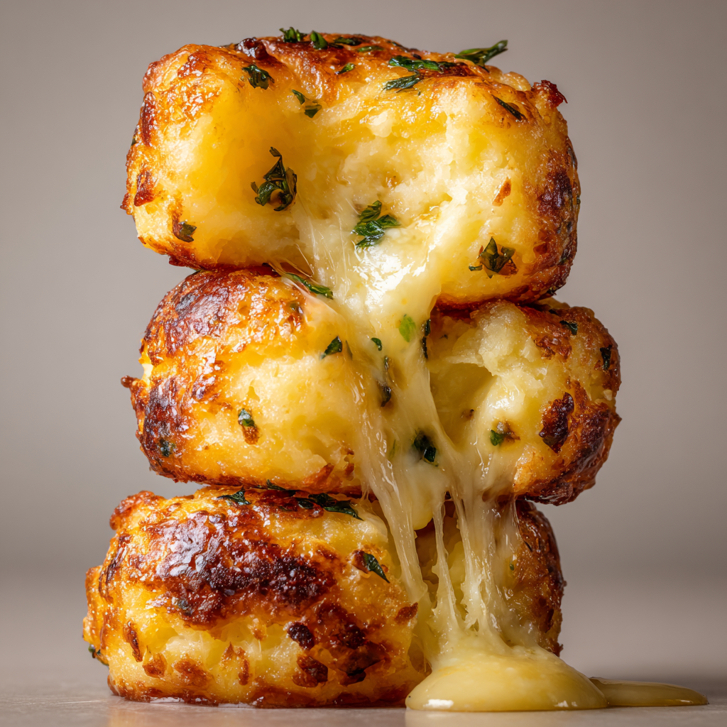 Ultra-realistic cheesy mashed potato puff bites with golden crispy exterior and melted cheese center on a seamless neutral background under studio lighting