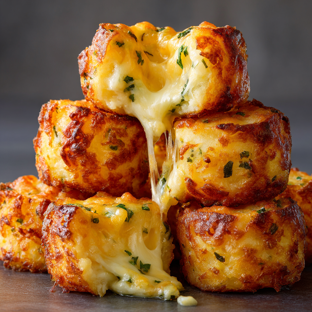 Ultra-realistic cheesy mashed potato puff bites with golden crispy exterior and melted cheese center on a seamless neutral background under studio lighting