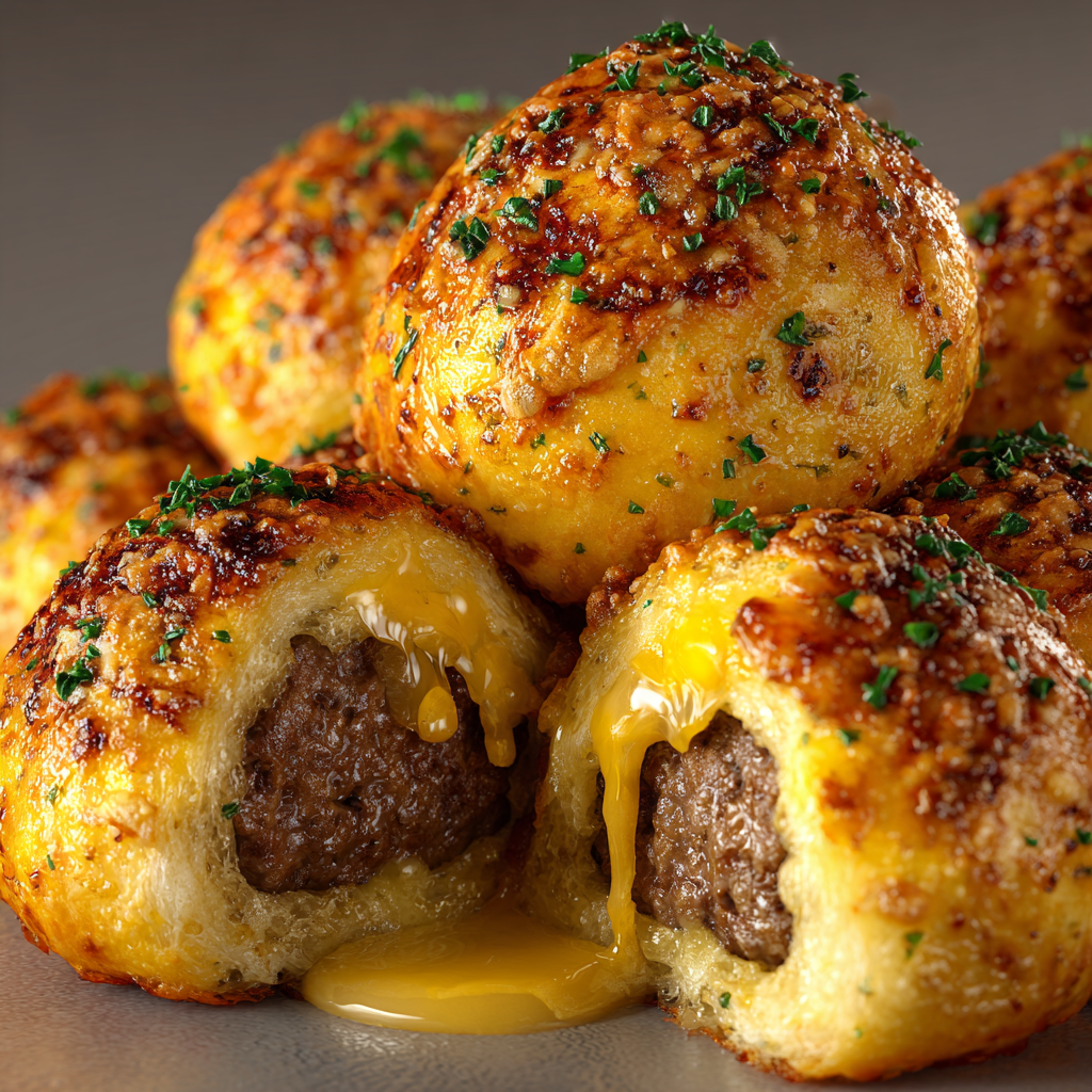 Ultra-realistic garlic parmesan cheeseburger bombs with golden baked dough, melted cheese, and beef filling on a seamless neutral background under studio lighting