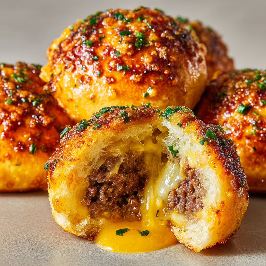 Ultra-realistic garlic parmesan cheeseburger bombs with golden baked dough, melted cheese, and beef filling on a seamless neutral background under studio lighting