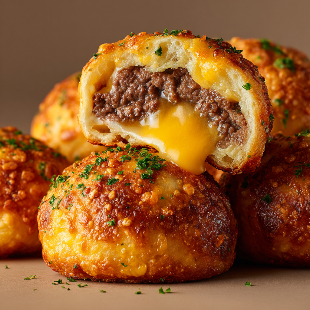 Ultra-realistic garlic parmesan cheeseburger bombs with golden baked dough, melted cheese, and beef filling on a seamless neutral background under studio lighting