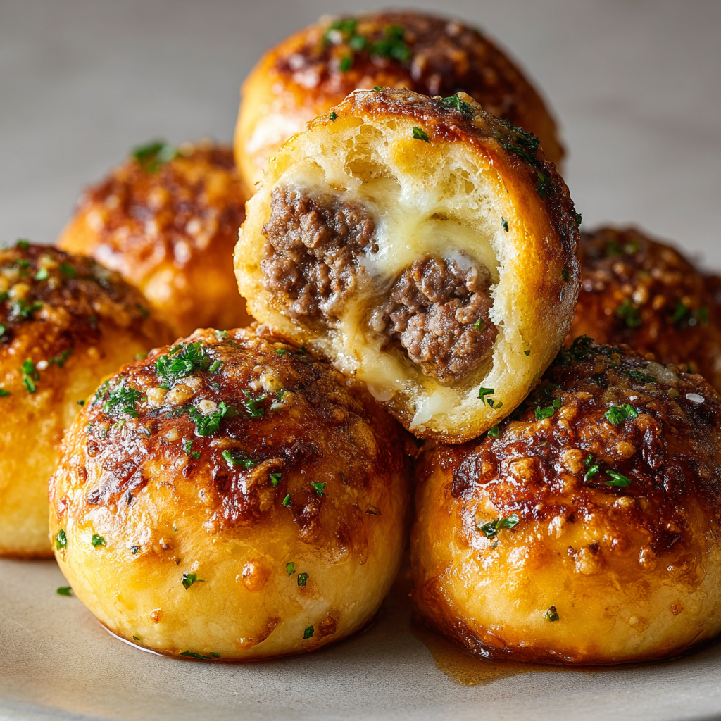 Ultra-realistic garlic parmesan cheeseburger bombs with golden baked dough, melted cheese, and beef filling on a seamless neutral background under studio lighting