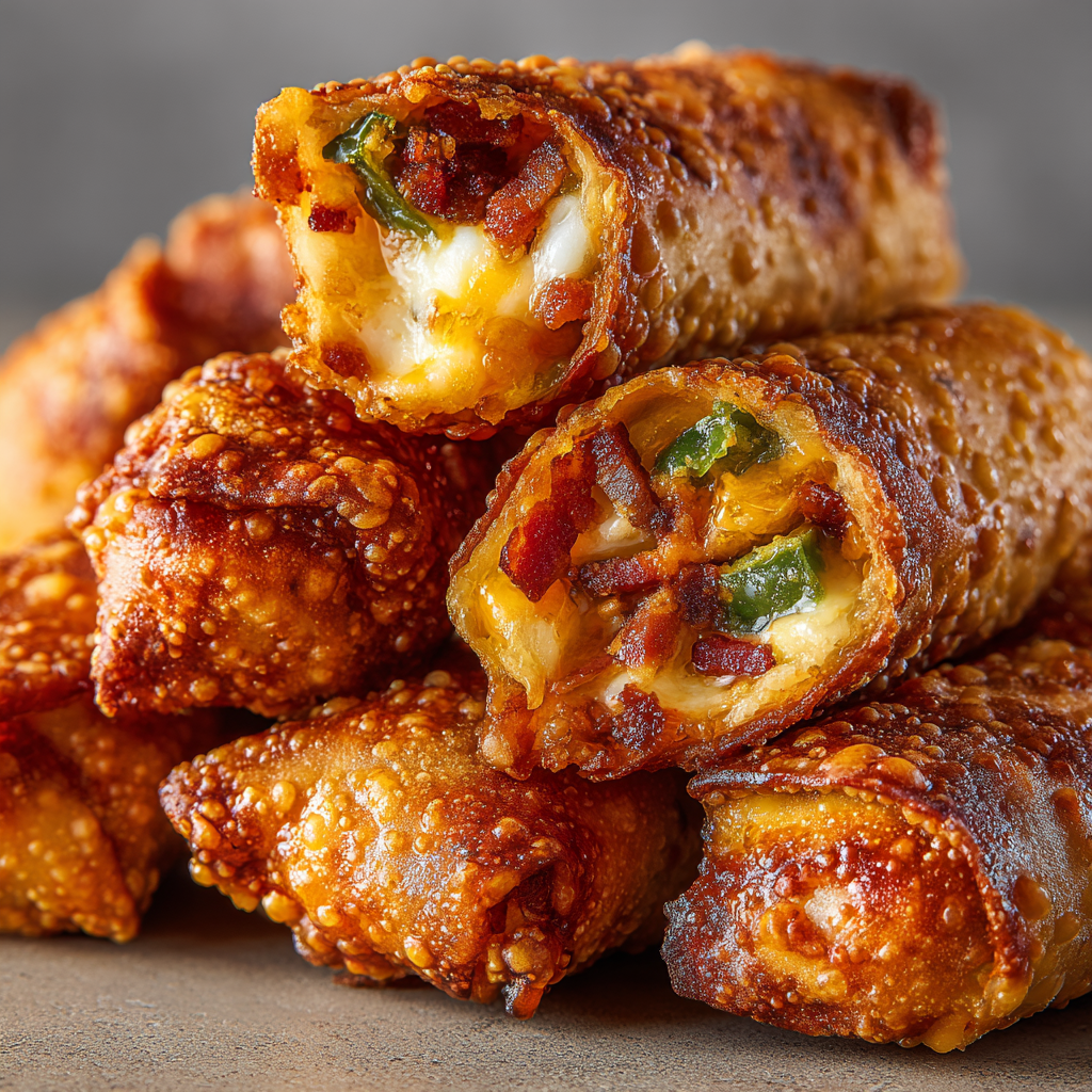 Ultra-realistic mini jalapeño popper egg rolls with golden crispy wrappers and visible cheese, jalapeño, and bacon filling on a seamless neutral background under studio lighting